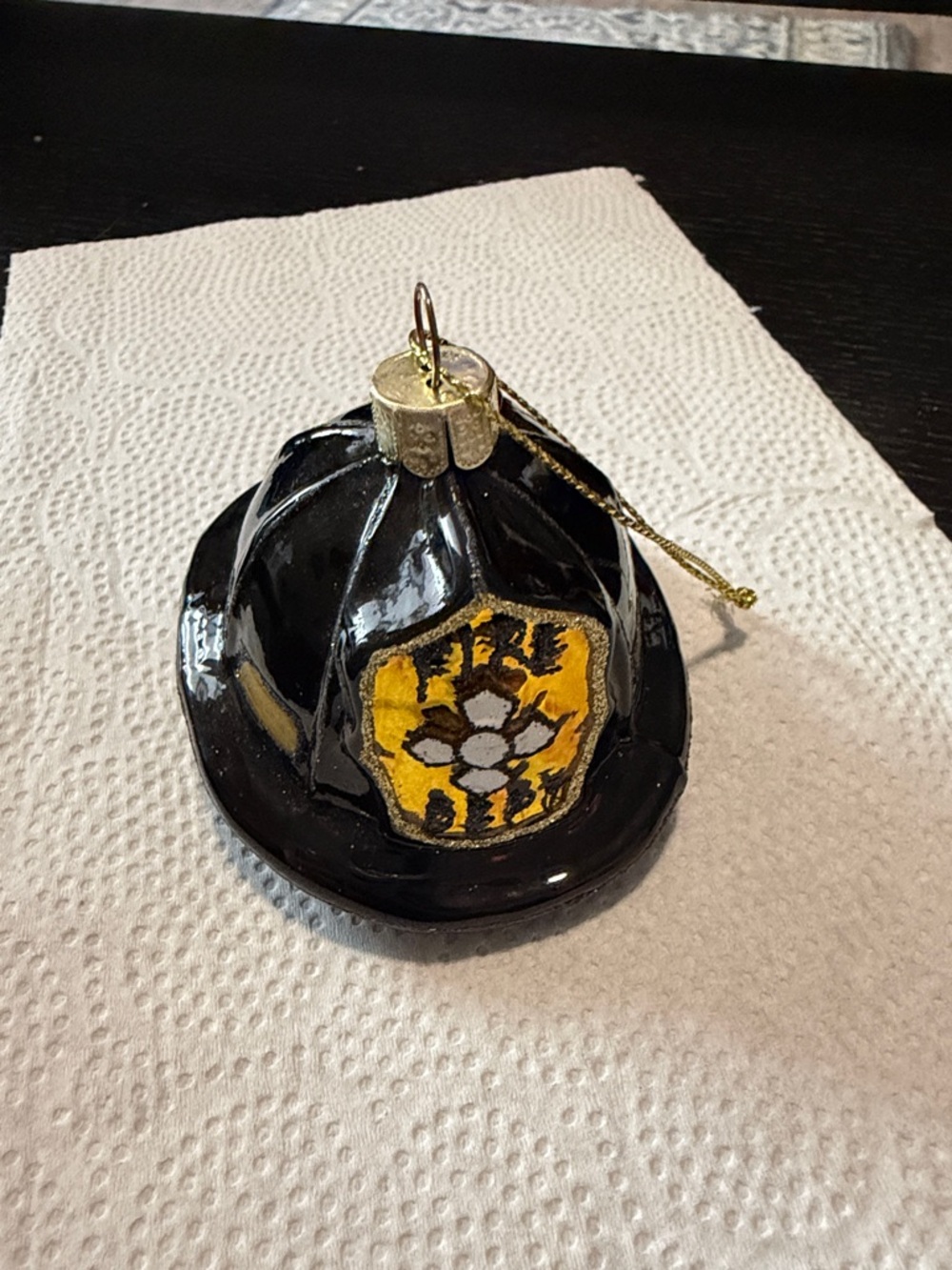 Black Firefighter Helmet Ornament with Yellow Badge